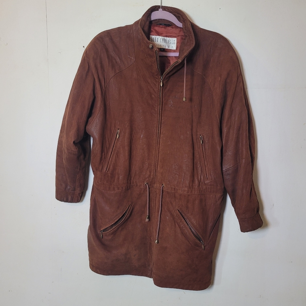 John Carlisle Vintage 90s Brown Leather Suede Drawstring Waist Jacket Size Small